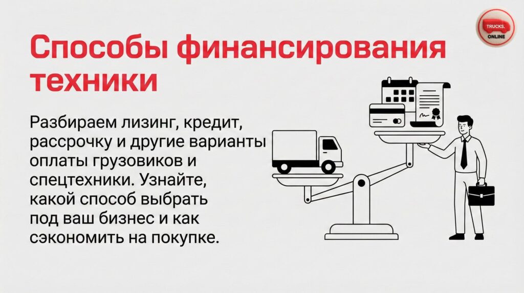 Разбираем лизинг, кредит, рассрочку и другие варианты оплаты грузовиков и спецтехники. Узнайте, какой способ выбрать под ваш бизнес и как сэкономить на покупке.