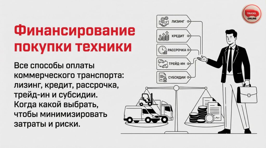 Все способы оплаты коммерческого транспорта: лизинг, кредит, рассрочка, трейд-ин и субсидии. Когда какой выбрать, чтобы минимизировать затраты и риски.